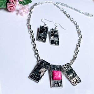 Pink faux turquoise pendant necklace and earrings set